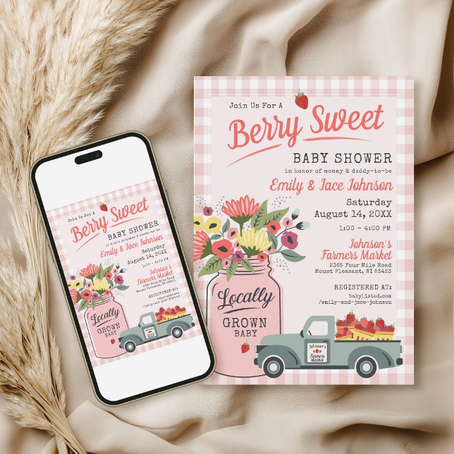 Invitation Berry Sweet Digital Farmers Baby shower de marché (Cute modern hand drawn custom farmers market berry sweet gingham baby girl shower digital invitation)