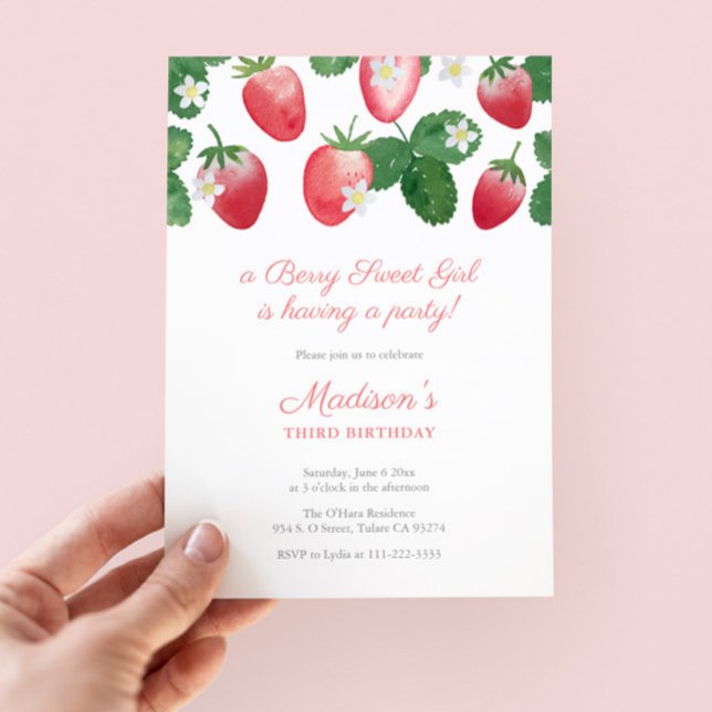 Invitation Berry Sweet Little Girl Fraise fête d'anniversaire (A Berry Sweet Girl Is Having A Party Watercolor Strawberries birthday invitation with buffalo check )