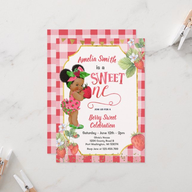 Invitation Berry Sweet ONE fraise Anniversaire Fille fête (Devant/Arrière en situation)