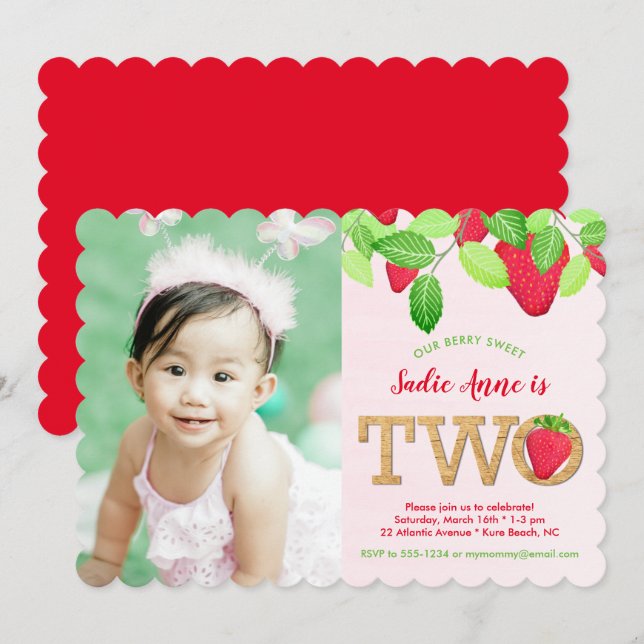 Invitation Berry Sweet Red Strawberry 2e anniversaire fille p (Devant / Derrière)