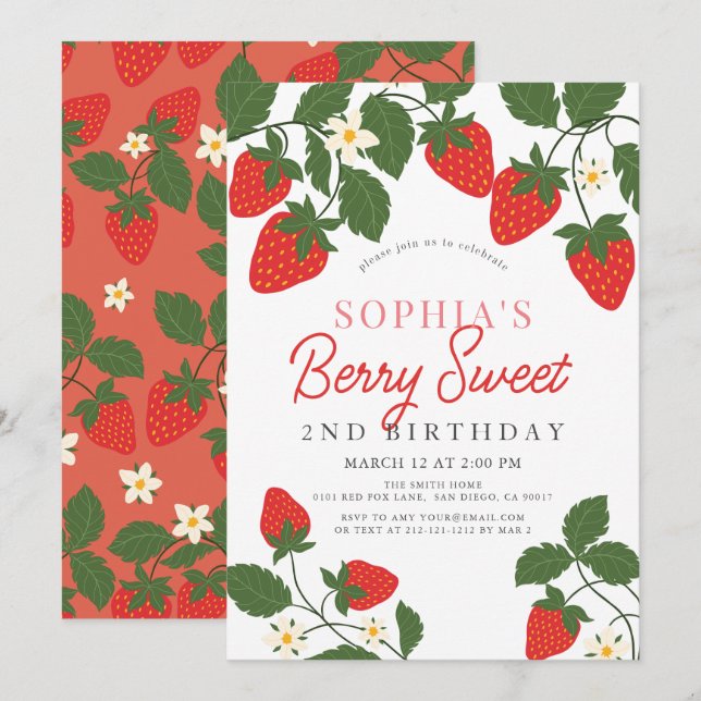 Invitation Berry Sweet Red Strawberry Floral 2e anniversaire (Devant / Derrière)