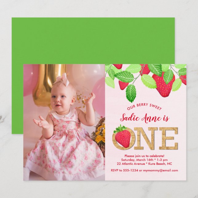 Invitation Berry Sweet Strawberry 1st Birthday Girl Photo (Devant / Derrière)
