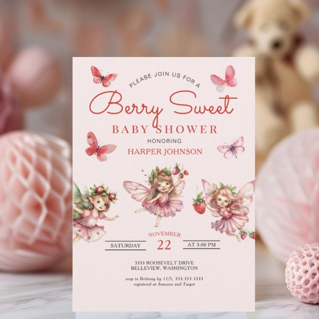 Invitation Berry Sweet Strawberry Baby shower rose (Créateur téléchargé)