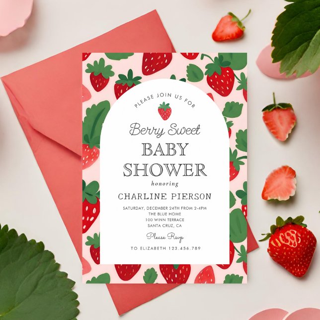 Invitation Berry Sweet Strawberry Baby shower rose Invitat (Créateur téléchargé)