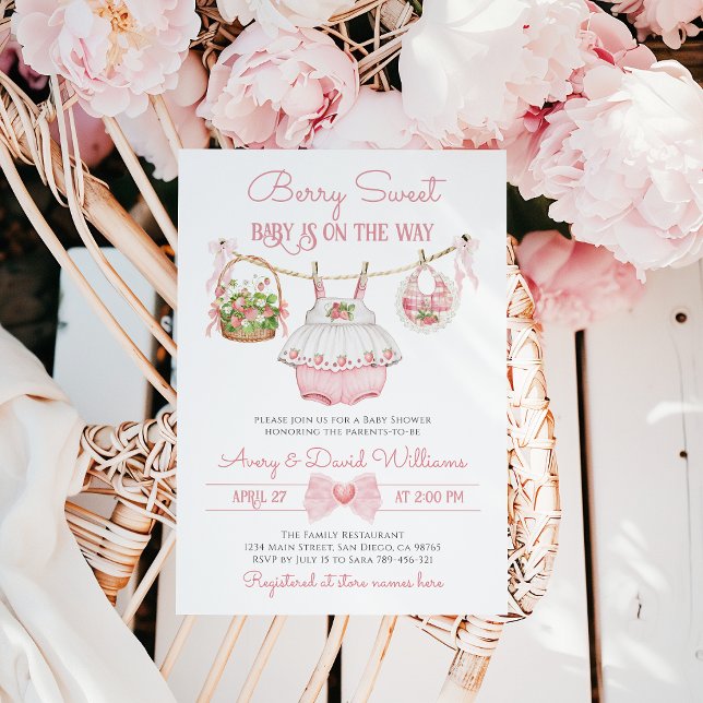 Invitation Berry Sweet Strawberry Bow moderne bébé fille douc (Créateur téléchargé)