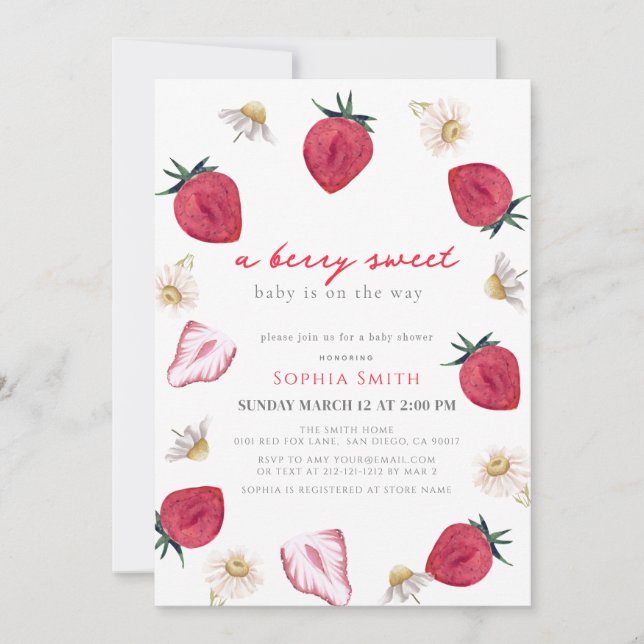 Invitation Berry Sweet Strawberry Floral Girl Baby shower (Devant)