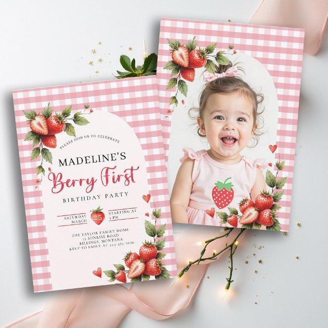 Invitation Berry Sweet Strawberry Gingham Photo 1st Birthday (berry first birthday party photo invitation girls strawberry 1st watercolor summer farmhouse cottage)