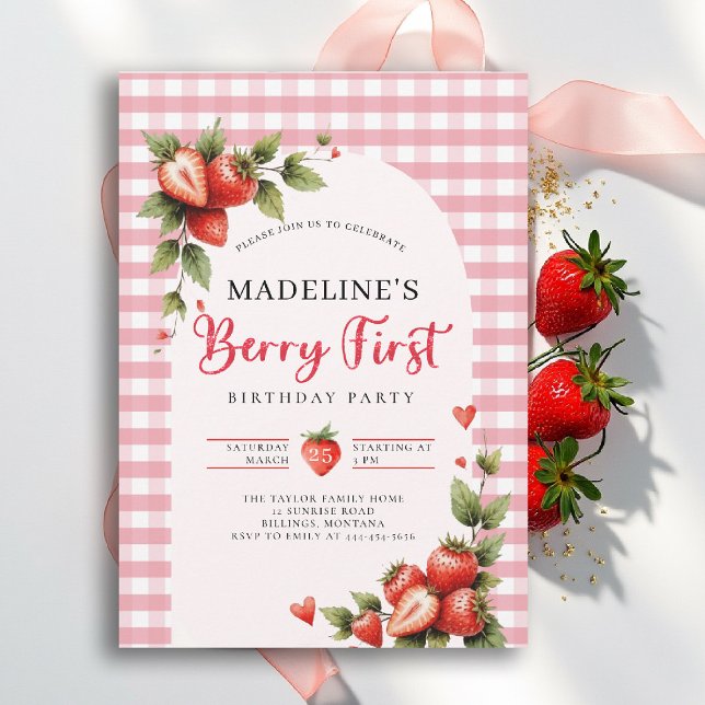 Invitation Berry Sweet Strawberry Gingham Summer 1st Birthday (berry first birthday party invitation girls strawberry 1st watercolor summer farmhouse cottage patch)