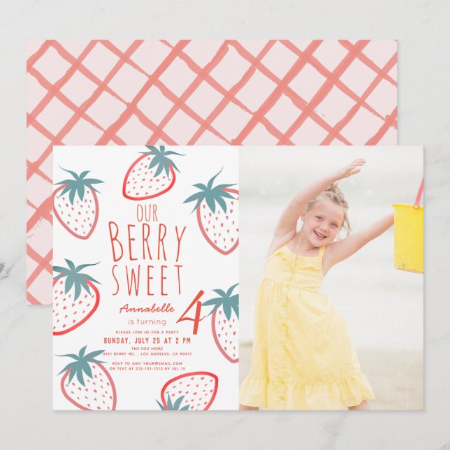 Invitation Berry Sweet Strawberry Rouge Blanc photo Anniversa (Devant / Derrière)
