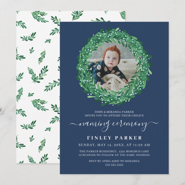 Invitation Berry Wreath Navy Blue Naming Cerememy Photo (Devant / Derrière)