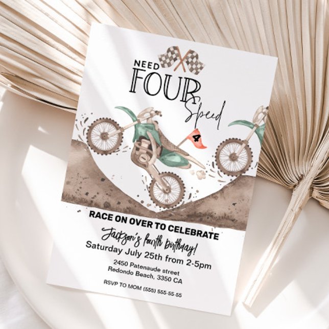 Invitation Besoin de 4 Speed Green Dirt Bike 4e anniversaire (Need FOUR Speed birthday invitaiton, green dirt bike party)