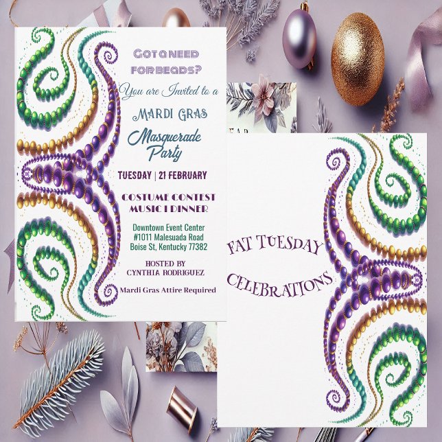 Invitation Besoin de perles Mardi Gras Colours Masquerade Par (Need for Beads Mardi Gras Colors Masquerade Party Invitation)