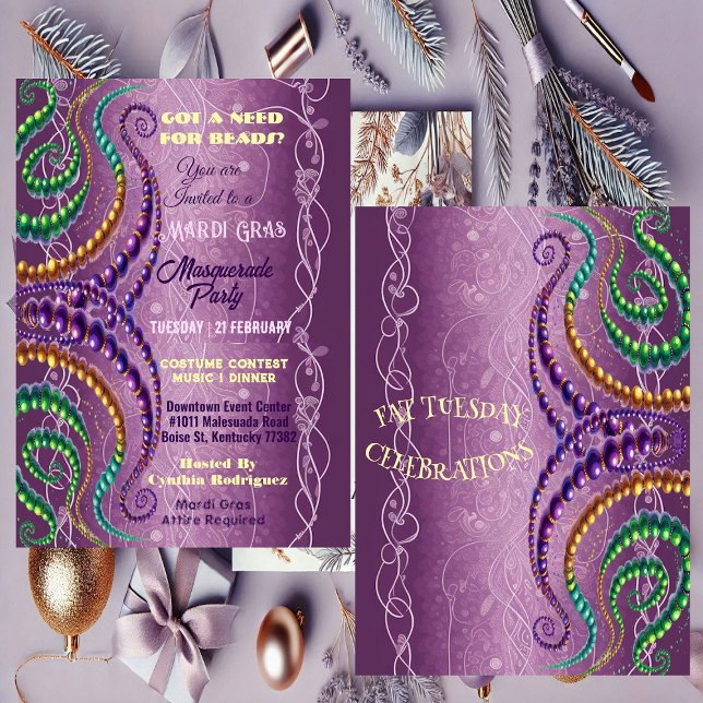 Invitation Besoin de perles Mardi Gras Purple Masquerade Part (Need for Beads Mardi Gras Purple Masquerade Party Invitation)