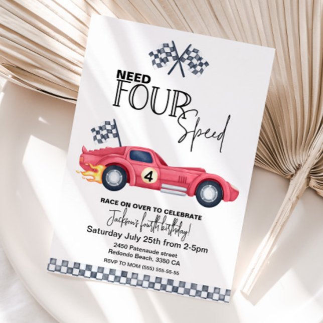 Invitation Besoin de quatre appels d'offres d'anniversaire |  (Red Race Car invitation - Need FOUR Speed - 4th birhtday invitation)
