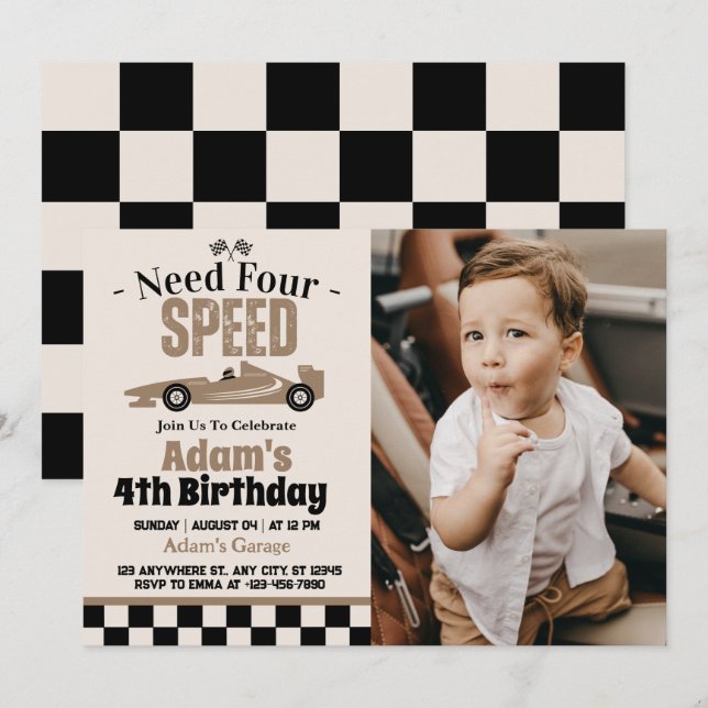 Invitation Besoin de quatre Speed Race Car Boy 4th Birthday P (Devant / Derrière)