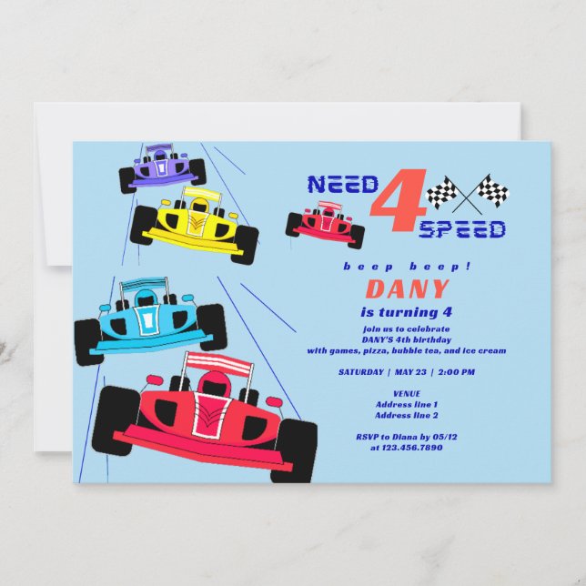 Invitation Besoin de quatre Speed Racer Car Race Boy 4e anniv (Devant)