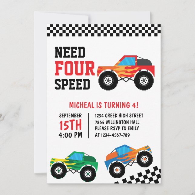 Invitation Besoin de quatre vitesses Monster Truck Race Car 4 (Devant)