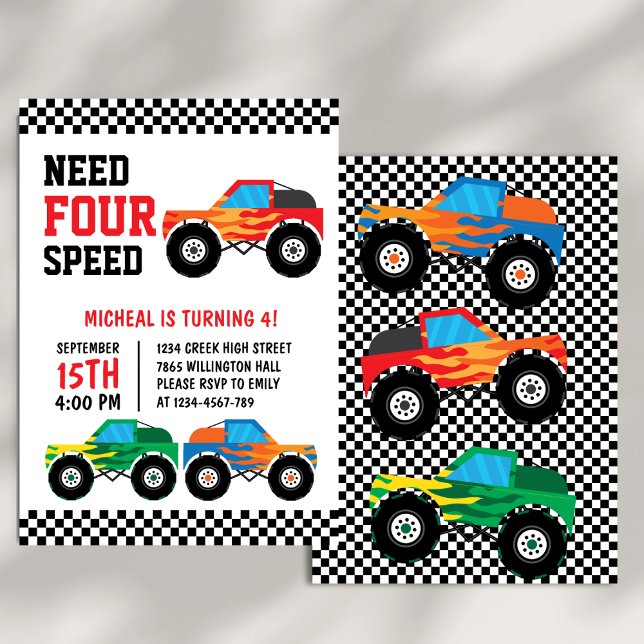 Invitation Besoin de quatre vitesses Monster Truck Race Car 4 (Créateur téléchargé)