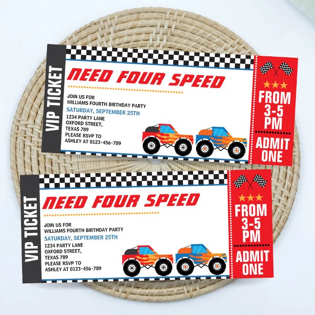 Invitation Besoin de quatre vitesses Monster Truck Race Ticke (Créateur téléchargé)