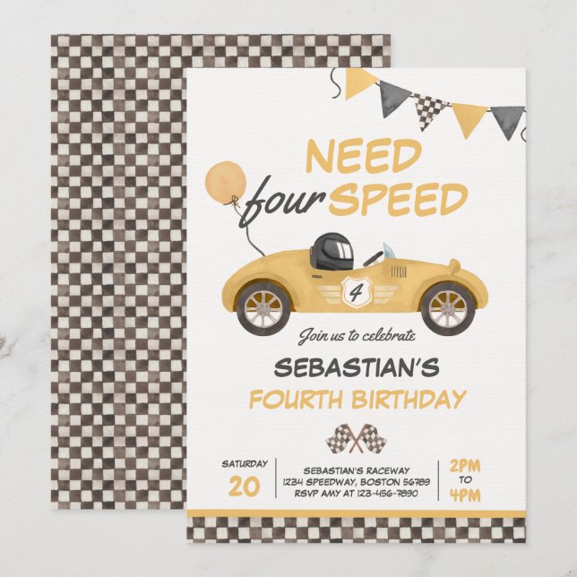 Invitation Besoin de quatre vitesses voiture de course jaune  (Devant / Derrière)