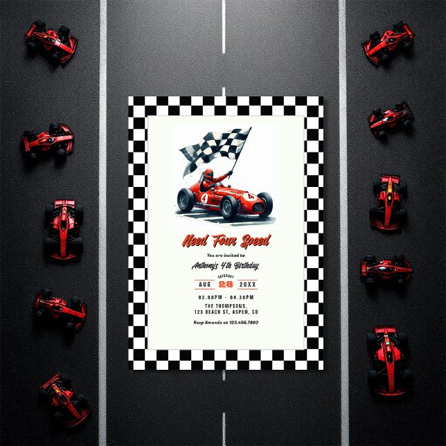 Invitation Besoin de quatre voitures de course de vitesse 4e  (Need Four Speed Race Car 4th Birthday Party Invitation)
