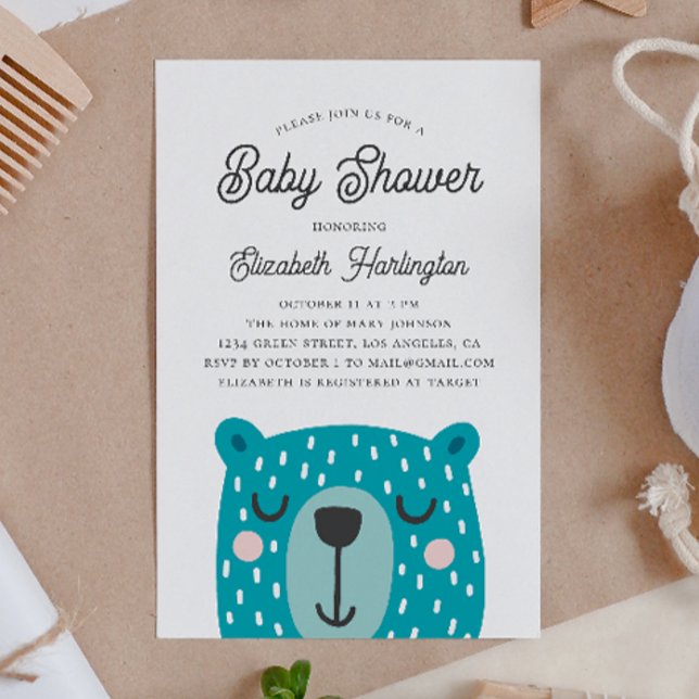 Invitation Bête drôle mignon pour garçon. Baby shower d'ours  (Créateur téléchargé)