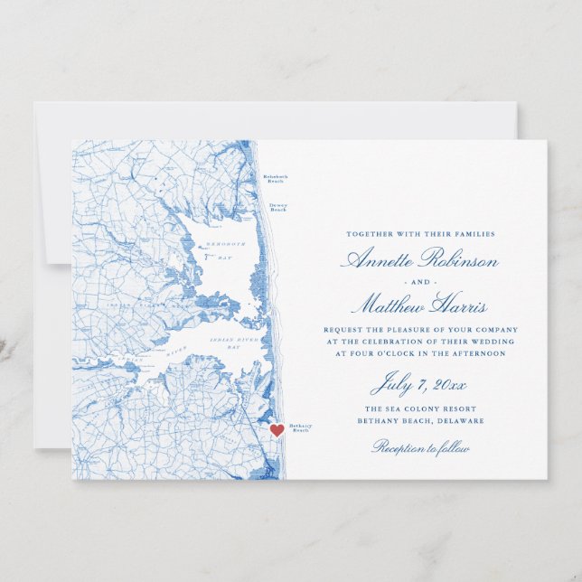 Invitation Bethany Beach DE Map Elégant Mariage bleu marine (Devant)