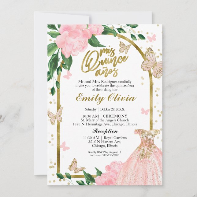 Invitation Beurre Bilingue Quinceanera Pink Blush (Devant)