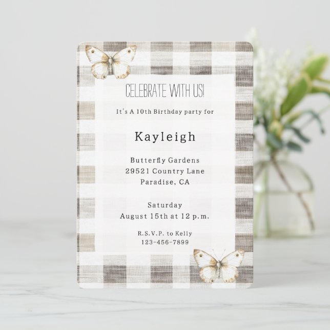 Invitation Beurre Crème Plaid Stripes Anniversaire (Debout devant)