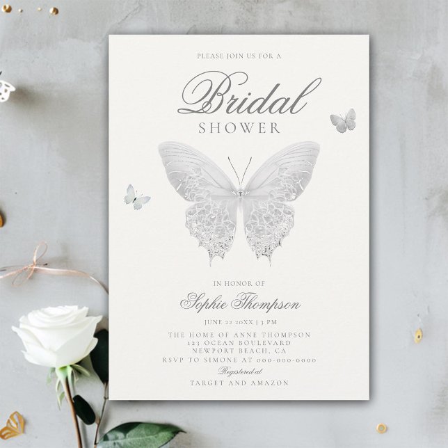 Invitation Beurre de dentelle Elegant Boho Fête des mariées b (lace butterflies boho bridal shower invitation elegant feminine romantic chic white calligraphy)