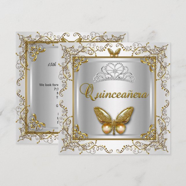 Invitation Beurre d'or blanc argent Quinceanera 15ème partie (Devant / Derrière)