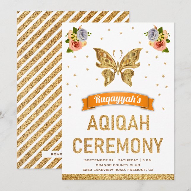 Invitation Beurre d'or doux et fleuri Filles Aqiqah (Devant / Derrière)