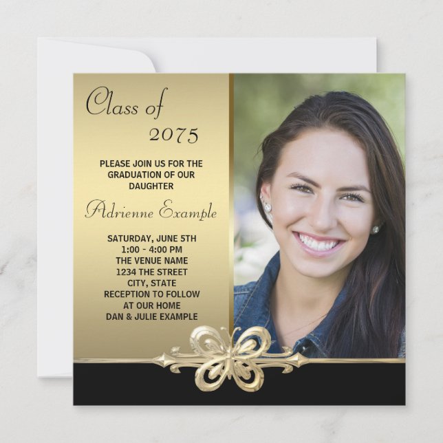 Invitation Beurre d'or noir et or photo Graduation (Devant)
