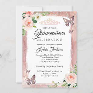 Invitation Beurre d'or rose étincelle Quinceanera Florale