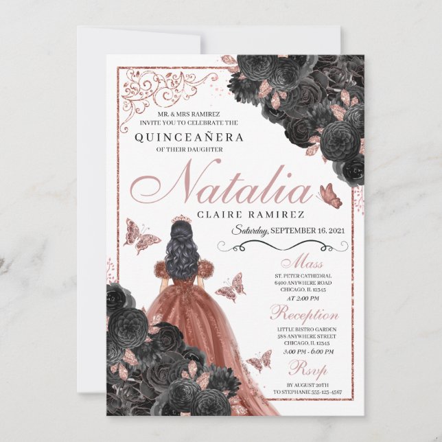 Invitation Beurre d'or Rose noir Princesse Quinceañera (Devant)