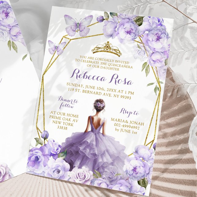 Invitation Beurre d'or violet Floral Papillon Quinceañera (Créateur téléchargé)