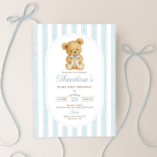 Invitation Beurre d'ours en peluche bleu rouillé Premier anni