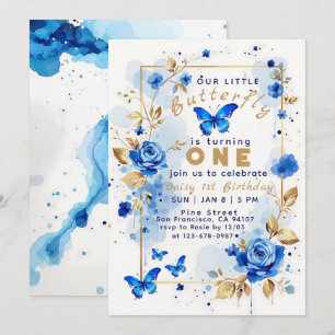 Invitation Beurre et bleu rose fleuri anniversaire moderne