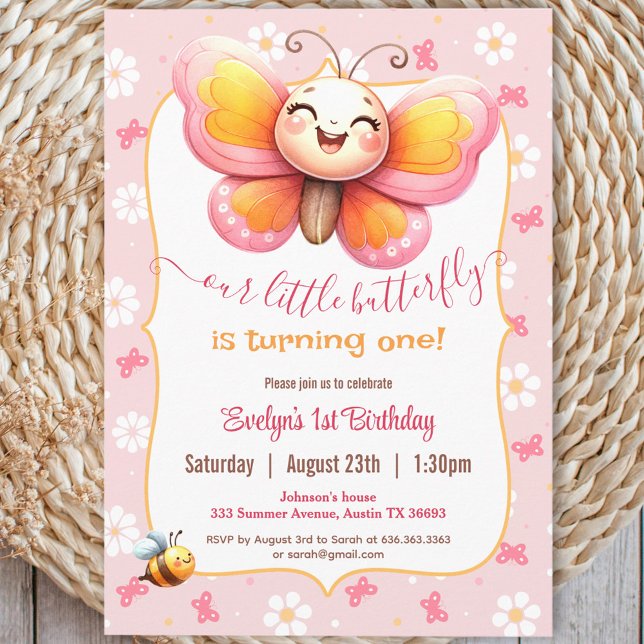 Invitation Beurre mignon rose florale fille 1er anniversaire (Cute Butterfly Pink Floral Girl 1st Birthday Invitation)