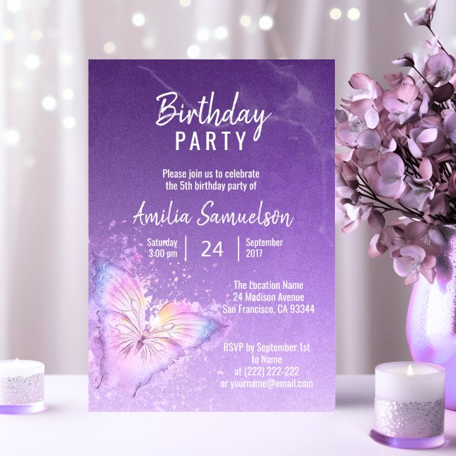 Invitation Beurre mou fille pourpre Anniversaire do-it-yourse (Cute Girl Purple Butterfly Birthday DIY Templates)