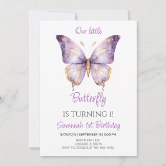 Invitation Beurre mou Filles papillon 1er fête d'anniversaire