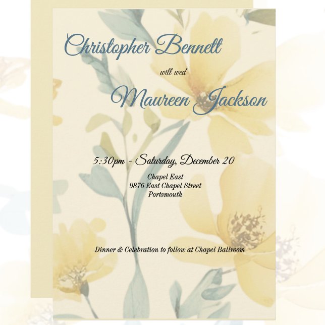 Invitation Beurre pâle Jaune Doux Bleu Mariage Floral (Créateur téléchargé)
