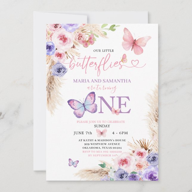 Invitation Beurre rose Twin Premier anniversaire Floral (Devant)