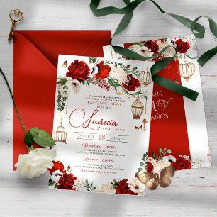 Invitation Beurre rouge Rose Papillon Floral Elégant Quinceañ