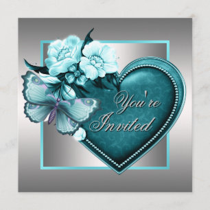 Invitation Beurre Turquoise Coeur bleu argenté Turquoise Blue