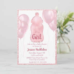 Invitation Biberon et Ballons Glamour Rose Pailleté