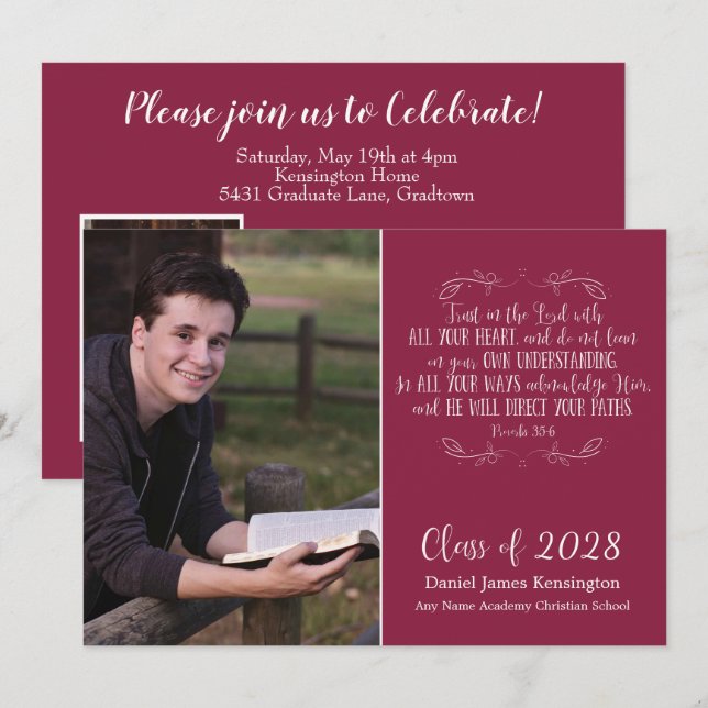 Invitation Bible chrétienne Verse Bourgogne Photo de graduati (Devant / Derrière)