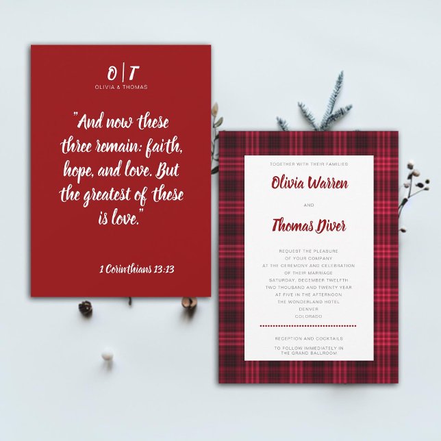 Invitation Bible Verse hiver Cosy Rouge Plaid Élégant Mariage (Bible verse winter wedding invitation cozy Christmas red plaid elegant rustic snow holidays mountain)