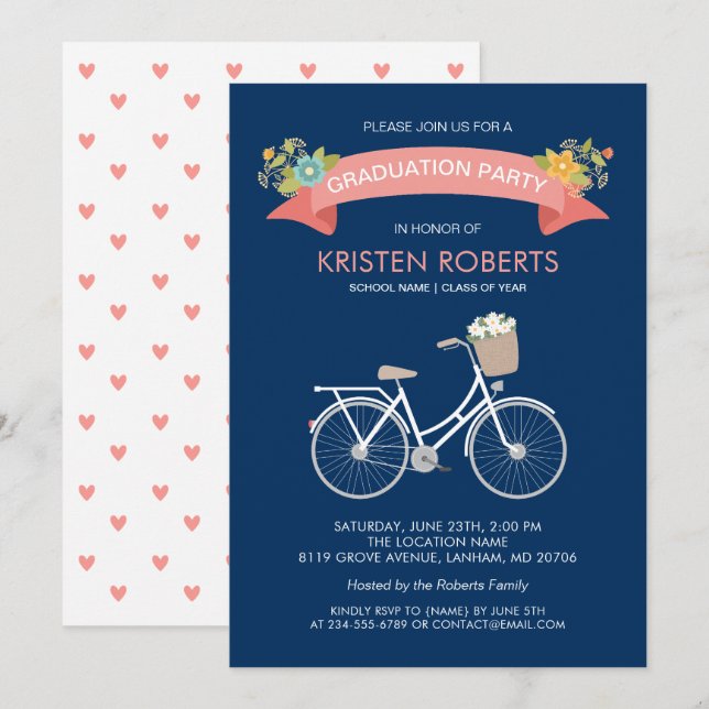 Invitation Bicycle Floral Navy Blue Girly Graduation Party (Devant / Derrière)