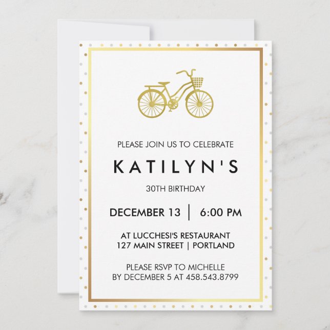 Invitation Bicyclette chic d'or avec le pois d'or et d'argent (Devant)